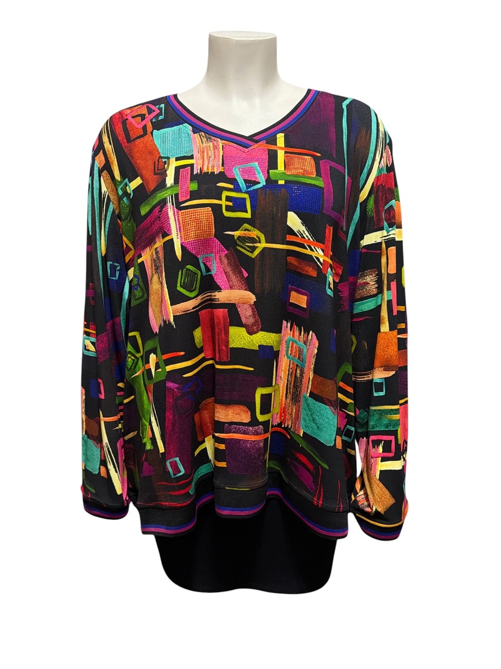 Ali Miles Plus 3X Multicolor Abstract Geometric Print V-Neck Long Sleeve Tunic
